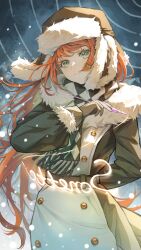 1girl absurdres arm_behind_back belt blue_background brown_belt brown_coat brown_hat buttons character_name checkered_clothes checkered_scarf closed_mouth coat double-breasted drawing_on_air fur-trimmed_coat fur-trimmed_headwear fur_trim glass_pen green_eyes hand_up hat highres holding holding_pen light_particles long_hair looking_at_viewer official_alternate_costume orange_hair pen reverse:1999 scarf solo sonetto_(reverse:1999) tongshan_treeless upper_body ushanka