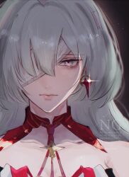 1girl bandage_over_one_eye close-up closed_mouth collar collarbone commentary earrings grey_hair highres jewelry long_hair looking_at_viewer phrolova_(wuthering_waves) portrait red_collar solo white_eyes wu_yuuri wuthering_waves