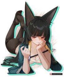 1girl animal_ear_fluff animal_ears bicio black_hair black_pantyhose blue_cape blunt_bangs blush breasts cape chest_sarashi cleavage closed_mouth fox_ears fox_girl hand_on_own_face highres hoshimi_miyabi large_breasts long_hair looking_at_viewer lying no_pants no_shoes on_stomach paid_reward_available pantyhose red_eyes sarashi sidelocks smile solo zenless_zone_zero