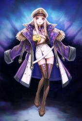 1girl absurdres amanogawa_shiina belt blonde_hair blue_eyes boots brown_boots coat coat_on_shoulders colored_inner_hair dress epaulettes hat highres holding holding_stuffed_toy lips long_hair multicolored_hair parted_lips peaked_cap phase_connect purple_coat purple_hair sad_bee_(amanogawa_shiina) solo star_(symbol) stuffed_toy teonanix thigh_boots thighhighs virtual_youtuber white_dress white_hat zettai_ryouiki