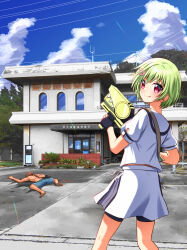&gt;:) 1boy 1girl bike_shorts black_gloves blue_sky blush brown_hair closed_mouth cloud commentary_request crocodile_hair_ornament cumulonimbus_cloud dark-skinned_male dark_skin day feet_out_of_frame fingerless_gloves from_behind gloves gomasho_asuka green_hair hair_between_eyes hand_up happy highres holding holding_water_gun long_hair looking_at_viewer looking_back low_ponytail miniskirt nomura_miki outdoors photo_background ponytail puffy_short_sleeves puffy_sleeves red_eyes sailor_collar school_uniform serafuku shirt short_hair short_sleeves skirt sky smile solo_focus split_mouth standing summer_pockets summer_pockets_school_uniform sunlight tan topless_male v-shaped_eyebrows water_gun wet white_sailor_collar white_serafuku white_shirt white_skirt