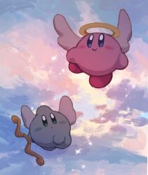 Rule 34 | angel wings, aruco co, blue eyes, blush stickers, bow (weapon), closed mouth, cloud, cloudy sky, day, green eyes, halo, highres, holding, holding bow (weapon), holding weapon, kirby, kirby (series), nintendo, no humans, outdoors, sky, smile, traditional halo, weapon, wings