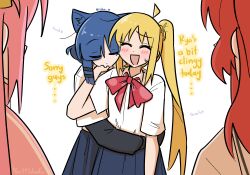 4girls absurdres ahoge animal_ears blonde_hair blue_eyes blue_skirt blush bocchi_the_rock! bow bowtie cat_ears cat_girl closed_eyes commentary cube_hair_ornament english_commentary english_text eyes_visible_through_hair gotoh_hitori hair_ornament hairclip hand_on_another&#039;s_chin heads_together heart highres hug hug_from_behind ijichi_nijika kita_ikuyo long_hair multiple_girls nattydodo_002 pink_hair pink_track_suit polka_dot_bowtie red_bow red_bowtie red_hair school_uniform shimokitazawa_high_school_uniform shirt short_hair shuka_high_school_uniform side_ponytail simple_background skirt spoken_heart sweatdrop track_suit white_background white_shirt yamada_ryo yuri