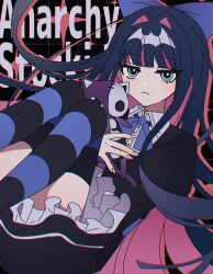 Rule 34 | 1girl, :&lt;, black dress, black hair, blue bow, blue eyes, bow, character name, closed mouth, commentary request, danjou sora, dress, feet out of frame, frilled dress, frills, hair bow, hair intakes, highres, hugging object, knees up, looking at viewer, multicolored hair, panty &amp; stocking with garterbelt, pink hair, puffy sleeves, solo, stocking (psg), striped clothes, striped thighhighs, stuffed animal, stuffed cat, stuffed toy, thighhighs, two-tone hair