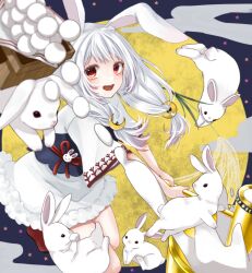 1girl animal animal_ears crescent crescent_hair_ornament dress food full_moon fur-trimmed_dress fur_trim hair_ornament highres holding holding_mallet kine long_hair low-tied_long_hair mallet mochi moon obi open_mouth orange_hair original rabbit rabbit_ears rabbit_girl sash short_dress short_sleeves smile solo suzuko_(suzukosz) tsukimi white_hair