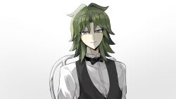 1boy antenna_hair arms_at_sides arms_behind_back black_bow black_bowtie bow bowtie brown_hair chair dress_shirt facing_viewer formal_clothes green_hair grey_eyes half-closed_eyes highres light_smile male_focus medium_hair nakano_hero_d naughty_face parted_bangs server shirt tenjouin_fubuki upper_body vest waistcoat white_background white_shirt yu-gi-oh! yu-gi-oh!_gx