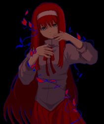 1girl black_background blue_eyes closed_mouth hair_between_eyes hairband highres long_hair long_skirt long_sleeves looking_at_viewer melty_blood multiple_girls neck_ribbon pixel_art plant red_eyes red_hair red_leaf red_ribbon red_skirt ribbon shirt simple_background skirt solo tara3763 tohno_akiha toono_akiha tsukihime vermillion_akiha very_long_hair vines white_hairband