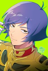 Rule 34 | 1boy, artist name, closed mouth, commentary request, garma zabi, gloves, green background, green jacket, green outline, gundam, hand up, high collar, highres, jacket, looking at viewer, male focus, mobile suit gundam, outline, partial commentary, purple hair, sakurada sayu, short hair, signature, simple background, smile, solo, twirling hair, upper body, white gloves, yellow eyes