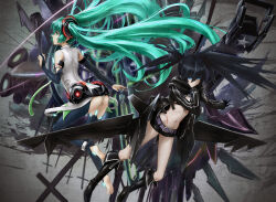 Rule 34 | 2girls, aqua eyes, aqua hair, ass, belt, black hair, black jacket, black rock shooter, black rock shooter (character), black rock shooter (game), black shorts, blue eyes, blue hair, boots, hatsune miku, jacket, long hair, mechanical wings, multiple girls, number tattoo, open clothes, open jacket, scar, shorts, tattoo, twintails, very long hair, vocaloid, wings, yara kami meiosei
