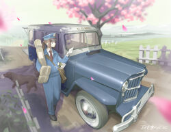 Rule 34 | 1girl, bag, blue car, blue hat, blue jacket, blue pants, brown hair, car, cherry blossoms, commentary, english commentary, fence, graveyard, hat, highres, holding, holding paper, jacket, jettoburikku, long hair, mailman, motor vehicle, original, outdoors, pants, paper, peaked cap, ponytail, solo, tree, united states, united states postal service, vehicle focus, vehicle request, walking, whitewall tires, wooden fence