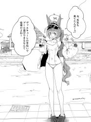 1girl ahoge alternate_hairstyle animal_ears blue_archive crocs fox_ears fox_girl halo highres jacket laughing monochrome off_shoulder one-piece_swimsuit otogi_(blue_archive) pool school_swimsuit speech_bubble suecovsky swimsuit v