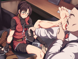 Rule 34 | 1boy, 1girl, barefoot, bike shorts, blue eyes, blush, brian irons, brown hair, censored, claire redfield, clenched teeth, cum, cum on clothes, feet, forced, gun, handgun, handjob, hetero, licking, licking foot, maku (l-u), molestation, mosaic censoring, penis, ponytail, resident evil, soles, teeth, toes, ugly bastard, weapon