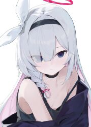 absurdres black_choker black_coat black_eyes blue_archive bow braid breasts choker coat collarbone evening_rabbit flat_chest hair_bow hairband halo highres multicolored_hair pink_hair plana_(blue_archive) red_halo underwear white_background white_hair