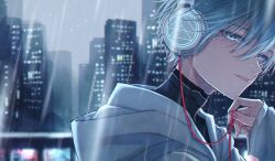 Rule 34 | absurdres, androgynous, blue eyes, blue hair, blurry, blurry background, cityscape, commentary, commission, fingernails, from side, gender request, hair between eyes, highres, hood, hoodie, light particles, looking at viewer, moxamog, original, parted lips, portrait, railing, rain, short hair, skeb commission, solo, water drop, wet, white headphones, white hoodie