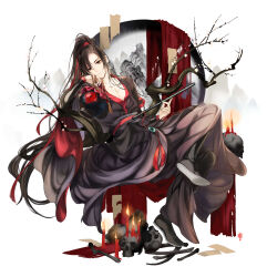 1boy bishounen black_boots black_hair black_robe bone boots branch candle chinese_clothes closed_mouth collarbone commentary_request dizi fire flute hair_ribbon hand_up hanfu high_ponytail highres holding holding_instrument hori_airi instrument jar long_hair long_sleeves looking_at_viewer male_focus modao_zushi paper parted_bangs ponytail red_eyes red_ribbon ribbon robe sash sidelocks simple_background skull smile solo tassel transverse_flute very_long_hair wei_wuxian white_background wide_sleeves