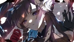 1girl absurdres asymmetrical_gloves black_gloves black_hair blue_eyes close-up earrings gloves hair_ornament highres honkai:_star_rail honkai_(series) hysilens_(honkai:_star_rail) jewelry long_hair looking_at_viewer mismatched_gloves moderate_gold parted_lips red_gloves solo x_hair_ornament
