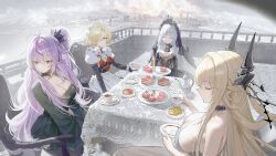 4girls apron azur_lane black_crown black_dress blonde_hair breasts bridal_veil cake cake_slice cleavage closed_eyes closed_mouth crown cup dress flower food game_cg glorious_(azur_lane) glorious_(meta)_(azur_lane) grenville_(azur_lane) grenville_(meta)_(azur_lane) grey_background hair_ornament highres holding holding_cup long_hair maid maid_apron maid_headdress multiple_girls non-web_source outdoors purple_hair queen_elizabeth_(azur_lane) queen_elizabeth_(meta)_(azur_lane) red_eyes sheffield_(azur_lane) sheffield_(meta)_(azur_lane) side_ponytail sitting table tea veil very_long_hair