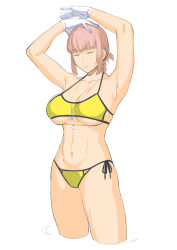 1girl absurdres armpits arms_up bare_arms bikini braid breasts closed_mouth cowboy_shot dyun closed_eyes fate/grand_order fate_(series) florence_nightingale_(chaldea_lifesavers)_(fate) florence_nightingale_(fate) gloves hands_up highres jewelry large_breasts navel necklace pink_hair side-tie_bikini_bottom simple_background solo stomach swimsuit toned underboob white_background white_gloves yellow_bikini