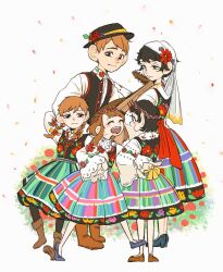 1boy 4girls arm_up back_bow black_hair black_hat black_pantyhose black_vest blue_footwear boots bow braid brown_footwear brown_hair chilchuck&#039;s_wife chilchuck_tims child clothing_request collared_shirt commentary dress dungeon_meshi english_commentary facing_another falling_petals family flower flower_wreath freckles fullertom_(dungeon_meshi) hair_flower hair_ornament hair_over_shoulder halfling happy hat hat_flower headscarf high_heels holding holding_instrument instrument jewelry kushiusagi223 large_ears locked_arms long_hair looking_at_another looking_at_viewer looking_down looking_to_the_side matching_outfits mayjack_(dungeon_meshi) multicolored_skirt multiple_girls necklace open_mouth outstretched_arm packpatty_(dungeon_meshi) pantyhose petals profile rose_bush shirt short_hair siblings sidelocks simple_background sisters skirt standing swept_bangs twin_braids twintails vest walking white_background white_shirt wide_sleeves