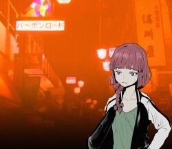 1girl bocchi_the_rock! braid commentary_request dress flat_chest frown green_dress highres hiroi_kikuri jacket long_hair open_clothes open_jacket orange_background photo_background purple_eyes purple_hair solo tamaoki_benkyou upper_body
