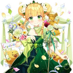 1girl baby_animal bird blonde_hair braid chick closed_mouth confetti double_bun dress flower flower_ornament green_dress green_eyes hair_bun hair_flower hair_ornament holding holding_flower microphone microphone_stand piyokichi_(uchihime) salt_(salty) sapphire_emerald twin_braids twintails uchi_no_hime-sama_ga_ichiban_kawaii