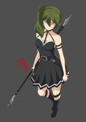 Rule 34 | 1girl, absurdres, bare shoulders, belt, black belt, black boots, black dress, boots, breasts, choker, closed mouth, collarbone, commentary request, dress, full body, green hair, grey background, hair between eyes, heel up, highres, holding, holding weapon, long hair, looking at viewer, mage staff, medium breasts, nanziwakamika23, polearm, purple eyes, sanpaku, side ponytail, sidelocks, simple background, sleeveless, sleeveless dress, smile, solo, sousou no frieren, standing, strapless, strapless dress, thigh strap, ubel (sousou no frieren), upturned eyes, weapon