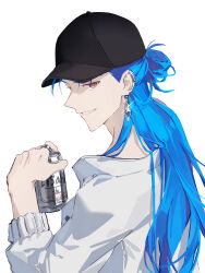 Rule 34 | 1boy, absurdres, asahi breweries, beer can, black hat, blue hair, can, cu chulainn (tropical rune summer) (fate), drink can, earrings, fate/grand order, fate (series), half updo, hat, highres, holding, holding can, jacket, jewelry, long hair, looking at viewer, male focus, muling 0v0, open mouth, profile, red eyes, ring, simple background, smile, solo, upper body, white background, white jacket