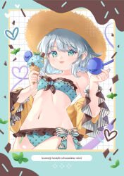 1girl :d alternate_costume bikini border breasts brown_hat chocolate collarbone commentary_request cowboy_shot food frilled_bikini frills green_bikini green_border green_eyes green_hair green_nails grid_background hat heart heart_of_string holding holding_food holding_ice_cream ice_cream ice_cream_cone koishi_day komeiji_koishi looking_at_viewer mimi_(mimi_puru) mint mint_chocolate nail_polish navel open_mouth ribs short_hair small_breasts smile solo stomach straw_hat sun_hat swimsuit third_eye touhou white_background