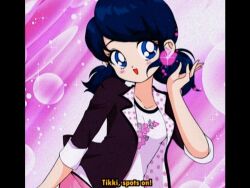 1990s_(style) 1girl animification bad_id bad_twitter_id bishoujo_senshi_sailor_moon black_border black_jacket blazer blue_eyes blue_eyeshadow blue_hair border bubble collarbone collared_jacket commentary cowboy_shot dot_nose english_commentary english_text eyelashes eyeshadow faux_retro_artstyle film_grain floral_print glowing happy highres honeymoonpetal jacket lapels light_blush light_particles long_sleeves low_twintails makeup marinette_dupain-cheng miraculous_ladybug notched_lapels open_clothes open_jacket open_mouth pants parody pillarboxed pink_background pink_pants polka_dot polka_dot_jacket retro_artstyle shirt short_hair short_twintails sleeve_cuffs smile solo sparkle style_parody swept_bangs tareme three-quarter_sleeves transformation twintails two-sided_fabric two-sided_jacket white_jacket white_shirt white_sleeve_cuffs