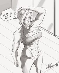 1girl abs arm_up blush breasts cleavage cleavage_cutout clothing_cutout commentary covered_erect_nipples dripping english_commentary food glass_door greyscale hair_pulled_back hand_on_own_head highres ice_cream ice_cream_cup indoors large_breasts looking_ahead makdraw25 monochrome muscular muscular_female navel original pants parted_lips pink_eyes signature sketch sliding_doors speech_bubble spoon sports_bra steam steaming_body stomach sweat