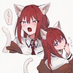 1girl :p animal_ear_fluff animal_ears brown_jacket cat_ears cat_girl cat_tail commentary cropped_torso dress_shirt fangs hair_between_eyes highres jacket kemonomimi_mode licking licking_hand long_hair looking_at_viewer looking_back makise_kurisu multiple_views necktie purple_eyes red_hair red_necktie shirt sidelocks simple_background speech_bubble steins;gate suehiroch0 tail tongue tongue_out translation_request turning_head watermark white_background white_shirt white_tail