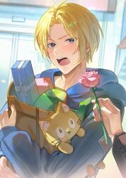 Rule 34 | 1boy, asakuranoai, bag, blonde hair, blue hoodie, curtained hair, flower, highres, holding, holding flower, hood, hoodie, long sleeves, male focus, open mouth, out of frame, paper bag, pink flower, pink rose, rose, sakamoto days, shin (sakamoto days), shirt, short hair, teeth, tongue