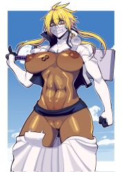1girl 2023 abs aqua_eyes bleach blonde_hair breast_tattoo breasts breasts_apart butter_sugoi clenched_hand cloud commentary corrupted_twitter_file cowboy_shot dark-skinned_female dark_skin espada hammer highres holding holding_hammer mask mouth_mask nipples number_tattoo pussy quad_tails raised_eyebrows revealing_clothes sagging_breasts shiny_skin shrug_(clothing) skirt solo tattoo tier_harribel underboob wardrobe_malfunction white_shrug white_skirt
