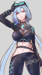 Rule 34 | 1girl, adjusting eyewear, black gloves, black pants, blue hair, breasts, commentary request, crop top, diving suit, gloves, goggles, goggles on head, grey background, griseo, griseo (cosmic expression), griseo (star-speckled blue), highres, honkai (series), honkai impact 3rd, kapler8188, large breasts, long hair, navel, official alternate costume, pants, purple eyes, simple background, skin tight, solo, stomach, very long hair