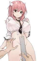 Rule 34 | 1girl, depth measurement, embarrassed, fanati, highres, horns, leg grab, legs, measuring, navel, necktie, non-web source, original, pink hair, ruler, shirt, sweat, torso grab, white horns