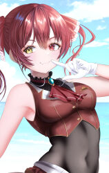 1girl absurdres armpits ascot blush breasts brown_leotard cleavage gloves heterochromia highres hololive houshou_marine houshou_marine_(1st_costume) large_breasts leotard leotard_under_clothes long_hair looking_at_viewer navel pirate red_ascot red_eyes red_hair ribbon see-through_cleavage see-through_clothes see-through_leotard sleeveless smile solo stomach twintails upper_body virtual_youtuber wakaunderblade7 yellow_eyes