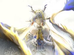 1girl arknights bare_shoulders bead_necklace beads blonde_hair breasts brooch closed_mouth collarbone dragon_girl dragon_horns dragon_tail earrings eastern_dragon_horns eastern_dragon_tail gloves green_eyes hair_between_eyes highres horns jewelry long_hair looking_at_viewer necklace off_shoulder pointy_ears rovaroca shu_(arknights) simple_background solo strapless tail tube_top white_background white_tube_top yellow_gloves