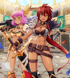 2girls armor bikini_armor breasts dark-skinned_female dark_skin fingerless_gloves gloves green_eyes highres holding holding_weapon large_breasts long_hair looking_at_viewer medium_breasts multiple_girls nam_(valckiry) navel original pink_hair red_hair short_hair sword warrior weapon yellow_eyes