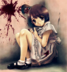 1girl 2000s_(style) akiba_yuji bad_id black_shoes blood blood_splatter brown_eyes brown_hair closed_mouth corner dress full_body grey_dress hair_bobbles hair_ornament looking_at_viewer mary_janes one_side_up original shoes short_sleeves sitting socks solo white_socks