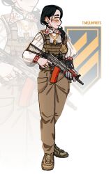 1girl 3rd_assault_brigade ak-74 artist_name assault_rifle black_hair black_nails blush bulletproof_vest ear_piercing eyebrow_cut full_body gun hanna_kovalchuk highres holding holding_gun holding_weapon jewelry kalashnikov_rifle linyvets_chan looking_at_viewer mechanical_arms military_uniform morale_patch necklace original piercing prosthesis prosthetic_arm rifle ring shirt simple_background single_mechanical_arm trigger_discipline ukraine ukrainian_clothes ukrainian_commentary ukrainian_ground_forces vyshyvanka weapon wedding_ring white_background white_shirt yellow_eyes