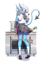 1girl absurdres apron black_skirt blue_horns blue_skin brown_shoes colored_skin comaya demon_tail eating food food_on_face from_behind full_body highres holding holding_ladle horns kitchen ladle loafers looking_at_another looking_at_viewer looking_back oni open_mouth orange_eyes panties pantyshot pink_apron pointy_ears school_uniform shirt shoes short_sleeves simple_background skirt solo soukaku_(zenless_zone_zero) standing tail underwear vegetable white_background white_panties white_shirt zenless_zone_zero