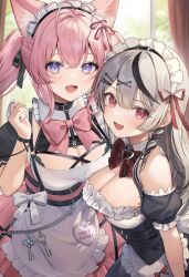 2girls alternate_costume animal_ear_fluff animal_ears antenna_hair apron aria_(ariacue) bib_collar black_dress black_hair blush bow bowtie braid breasts chain character_name chest_harness cleavage commentary_request corset coyote detached_collar double-parted_bangs dress enmaided fang framed_breasts frilled_apron frills from_above grey_hair hair_ornament hair_ribbon hairpin hakui_koyori hakui_koyori_(dark_maid) half_up_braid harness highres hololive key large_breasts long_hair looking_at_viewer maid maid_apron maid_headdress multicolored_hair multiple_girls off_shoulder official_alternate_costume official_alternate_hairstyle open_mouth pink_bow pink_bowtie pink_dress pink_hair plaid_bow plaid_bowtie plaid_clothes puffy_short_sleeves puffy_sleeves purple_eyes red_bow red_bowtie red_eyes ribbon sakamata_chloe short_sleeves smile streaked_hair tail twintails underbust virtual_youtuber white_apron wolf_ears wolf_girl wolf_tail x_hair_ornament