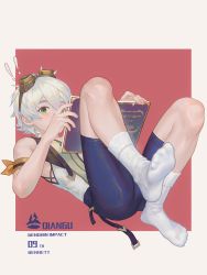 Rule 34 | !, !!, 1boy, armband, artist name, bennett (genshin impact), bishounen, book, english text, feet, foot focus, genshin impact, goggles, goggles on head, green eyes, highres, legs, lying, male focus, qiangu2021, short hair, shorts, sleeveless, socks, solo, surprised, thighs, white hair