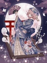 1girl back_bow blue_bow blue_dress blue_hat blue_sash bow bug butterfly chinese_commentary commentary_request dress folding_fan frilled_sleeves frills full_moon hair_between_eyes hand_fan hat highres holding holding_fan insect long_sleeves mob_cap moon night obi outdoors pink_eyes pink_hair qingjiu_natsumi saigyouji_yuyuko saigyouji_yuyuko&#039;s_fan_design sash short_hair solo torii touhou triangular_headpiece wide_sleeves