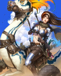 1girl absurdres armor belt bikini_armor black_gloves brown_belt brown_eyes brown_hair brown_pants cloud dinosaur riding_dinosaur earrings eyebrow_cut fingerless_gloves floating_hair food gloves hair_behind_ear heo_sung-moo highres jewelry knife long_hair looking_at_viewer meat mole mole_under_mouth muzzle navel original pants realistic riding sheath sheathed sky smile solo wheel