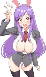 1girl :d animal_ears between_breasts black_thighhighs blazer blush bottomless breasts cleavage collared_shirt contrapposto convenient_censoring cookie_(touhou) cowboy_shot fingernails grey_jacket highres hisui_(cookie) index_finger_raised jacket large_breasts long_hair long_sleeves looking_at_viewer necktie necktie_between_breasts open_clothes open_mouth open_shirt purple_hair pyukasshori rabbit_ears red_eyes red_necktie reisen_udongein_inaba shirt sidelocks simple_background smile solo swept_bangs teeth thighhighs touhou upper_teeth_only very_long_hair white_background white_shirt
