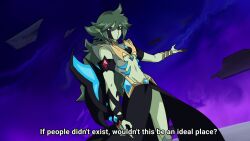 1boy alternate_form arm_strap black_cloak blue_gemstone blue_sky body_markings card cloak crossover duel_disk english_text facial_mark facing_to_the_side fake_screenshot floating gem gold_trim green_hair green_tunic grey_eyes holding holding_card long_bangs looking_to_the_side male_focus n_(pokemon) nintendo nuumigranate outdoors outstretched_arm parody pokemon pokemon_bw ponytail purple_sky red_gemstone sky style_parody tunic yu-gi-oh! yu-gi-oh!_zexal