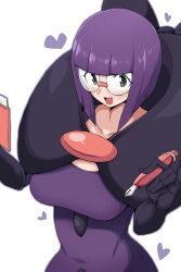 1girl absurdres b-kyuu_ocha blunt_bangs blush bob_cut book breasts buttons elbow_gloves glasses gloves heart highres holding holding_book holding_pen large_breasts low-cut medium_breasts medium_hair nintendo open_mouth pen pokemon pokemon_bw purple_eyes purple_hair rimless_eyewear round_eyewear shauntal_(pokemon) short_hair smile solo upper_body