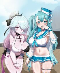 2girls absurdres aqua_eyes aqua_hair bare_shoulders beach bead_bracelet beads bikini black_bikini black_choker black_survival blue_sailor_collar blue_skirt bow bracelet braid breasts chiara_(black_survival) choker cleavage collarbone covering_own_mouth cowboy_shot crop_top cross cross_choker day emma_hardy eternal_return:_black_survival flower frilled_shirt_collar frills gradient_clothes gradient_hair gradient_jacket hahyaha hair_bow hair_over_one_eye halterneck hand_up hat highres huge_breasts jacket jewelry large_breasts leaning_forward locked_arms long_hair looking_at_viewer microskirt midriff multicolored_bikini multicolored_hair multiple_girls nail_polish navel o-ring o-ring_bikini off_shoulder official_alternate_costume one_side_up open_clothes open_jacket outdoors parted_lips pink_eyes pink_hair pleated_skirt ponytail rose sailor_collar sailor_hat school_uniform serafuku shirt skirt sleeveless sleeveless_shirt stomach string_bikini swimsuit thighs two-tone_bikini very_long_hair wet white_bikini white_choker white_hair white_jacket white_shirt wristband