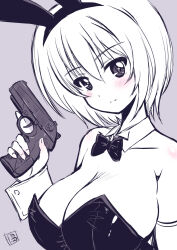 1girl alternate_costume beretta_px4 blush bow bowtie breasts choppy_bangs cleavage closed_mouth detached_collar from_side girls_und_panzer grey_background gun hair_between_eyes handgun holding holding_gun holding_weapon kamogawa_tanuki large_breasts leotard looking_at_viewer nishizumi_maho short_hair shoulder_blush simple_background smile solo spot_color strapless strapless_leotard traditional_bowtie trigger_discipline upper_body weapon wrist_cuffs